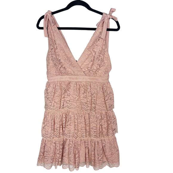 Bardot 6 Dusty Rose Pink Roxie Tiered Layered Lace Dress Shoulder Tie Cocktail - Picture 1 of 14